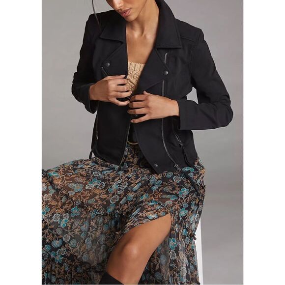 Marrakech Anthropologie Black Cotton Zip Up Mollie Ryder Knit Moto Jacket Sz M - Picture 1 of 12